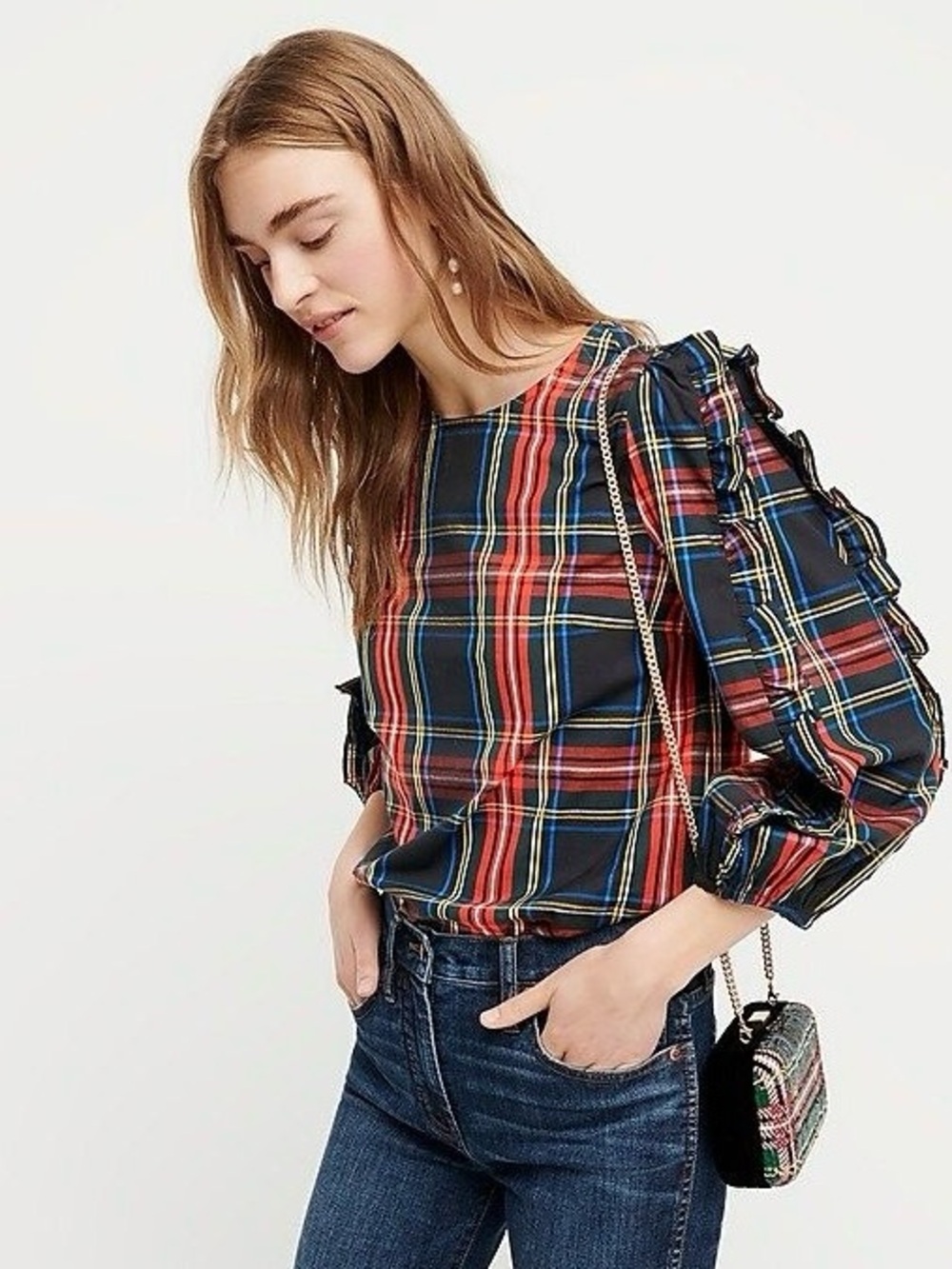 J. Crew Ruffle Sleeve Stewart Tartan Plaid Top Size Small 100% Cotton Lightweigh